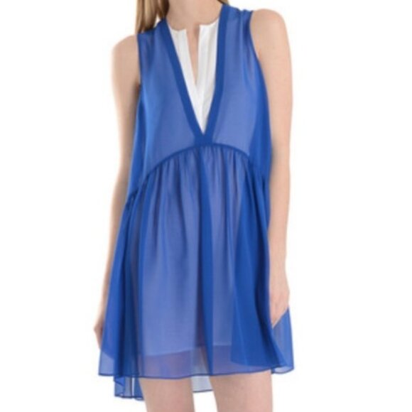 SANDRO Paris White V Neck Lined Royal Blue Mini Sleeveless Dress Size 1 (small) - Picture 1 of 11